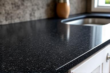 Polished granite kitchen countertop gleaming under light after treatment