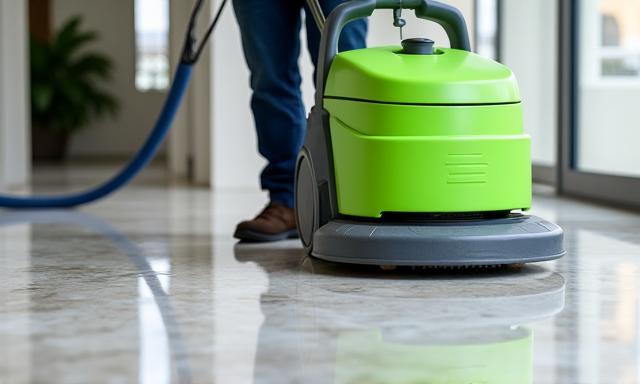 Skilled technician deep cleaning marble flooring