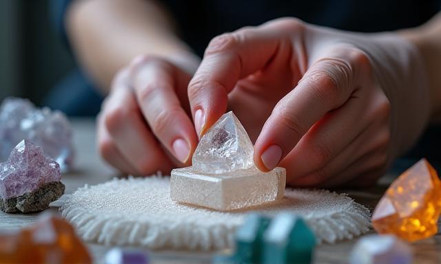 Close-up of a polished quartz crystal collection